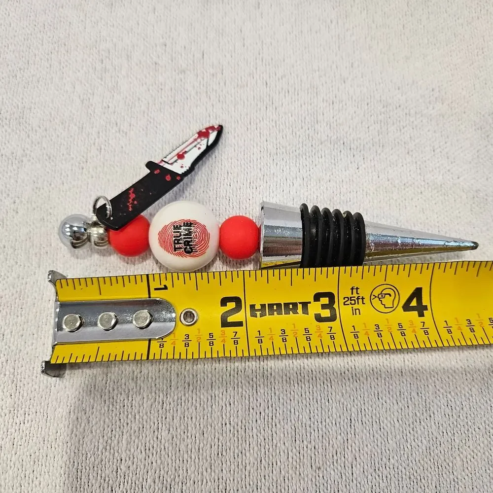 True Crime Red & White Bead Wine Bottle Stopper with Knife Charm
